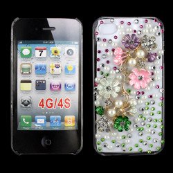 iPhone 4S 4 3D Clear Crystal Flower Diamond Case (Pink)